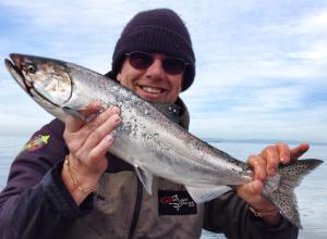 My first keeper hit a Silver Horde #2 cop car Kingfisher spoon trolled behind an F4 Piscator flasher on a 40-inch leader